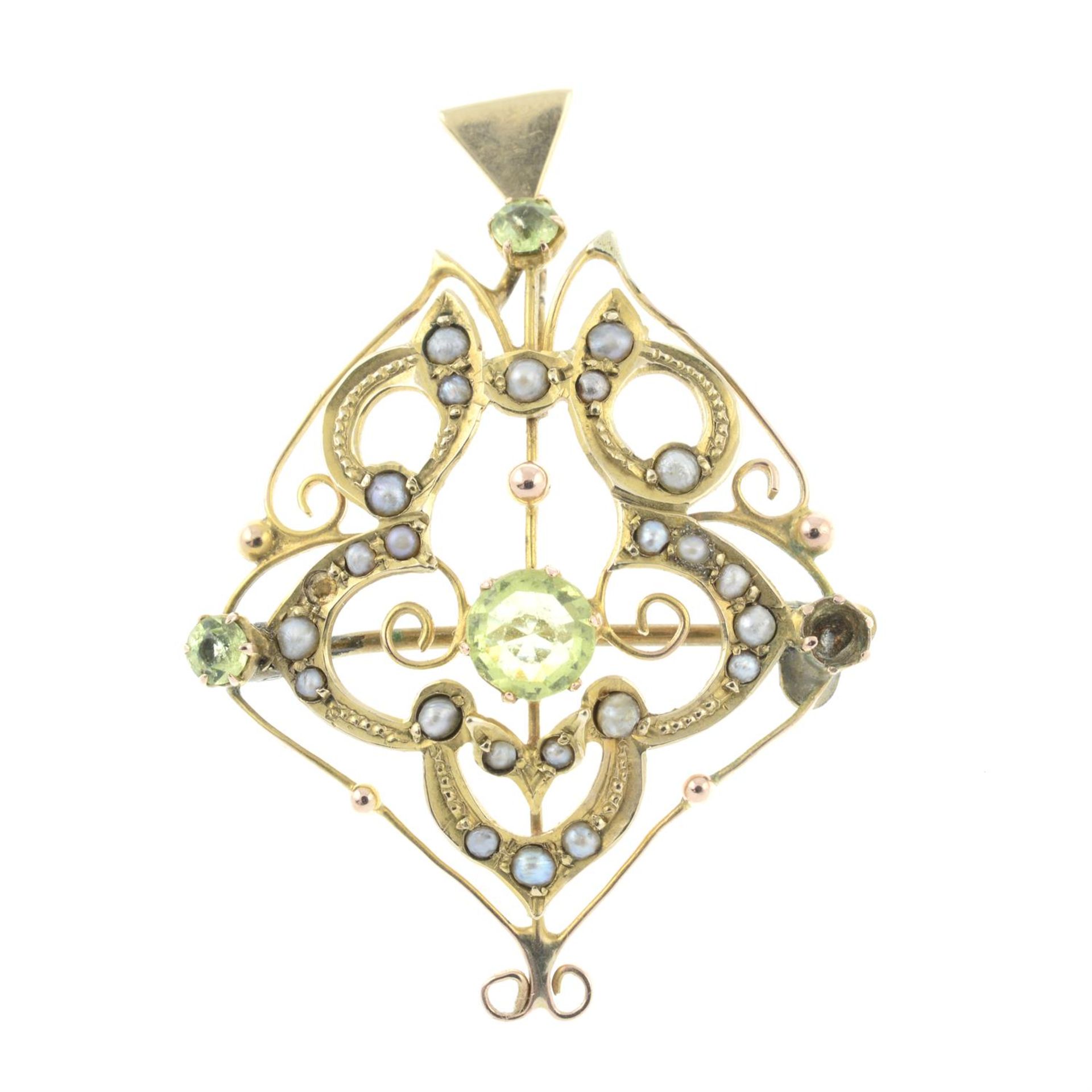 An early 20th century 9ct gold peridot and split pearl openwork brooch/pendant.