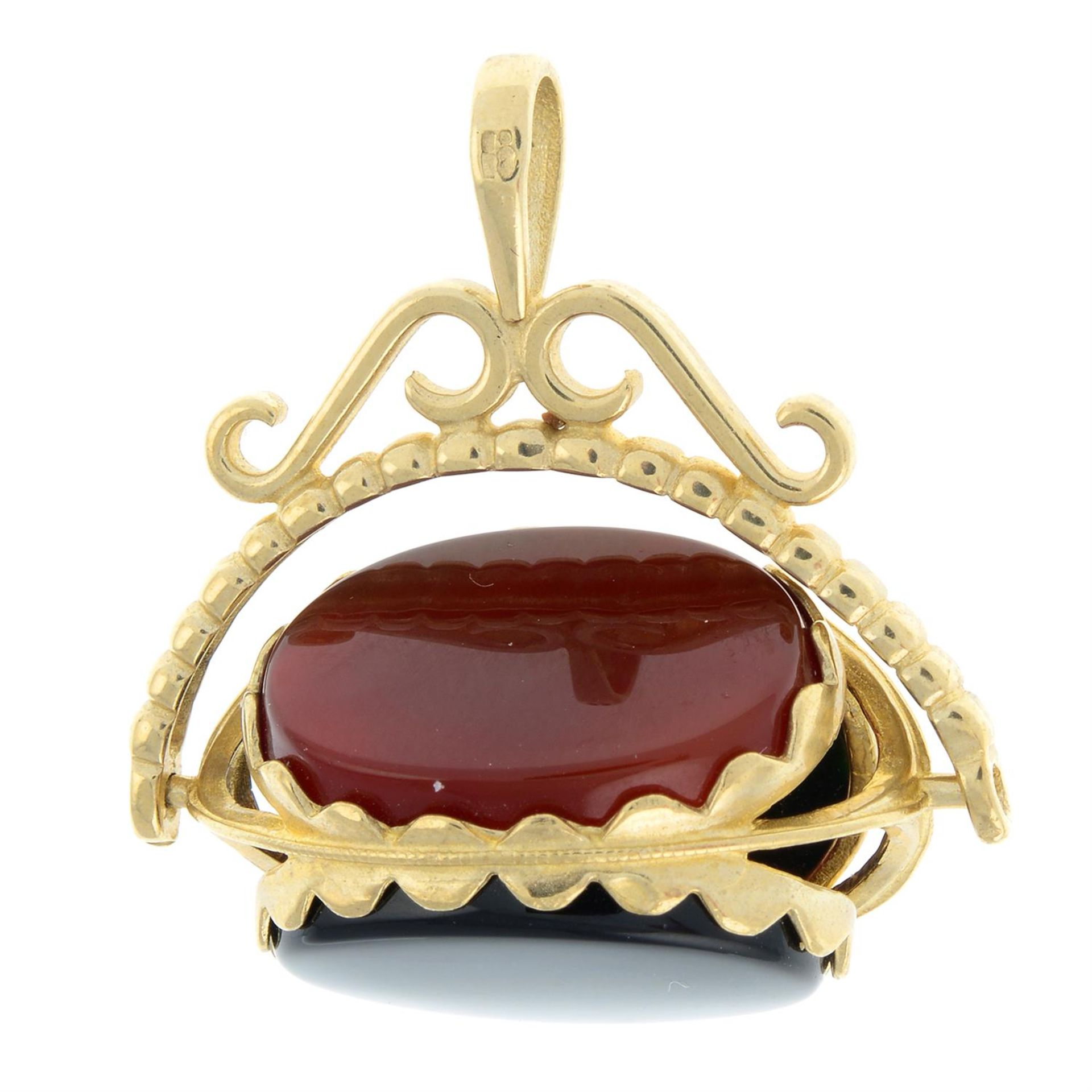 A 9ct gold carnelian, onyx and bloodstone swivel fob. - Image 2 of 2