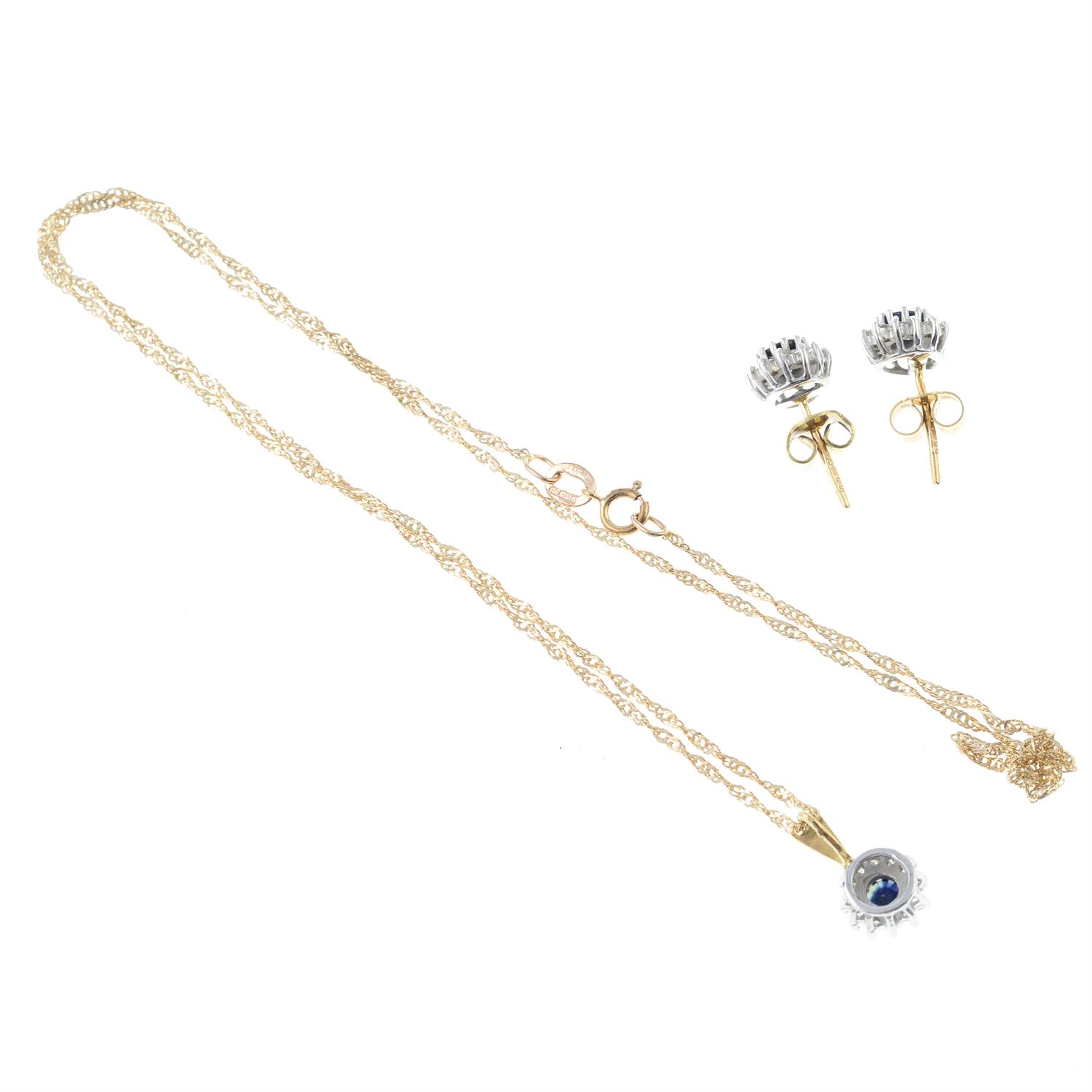 A 9ct gold sapphire and single-cut diamond cluster pendant and chain, with matching stud earrings. - Image 2 of 2