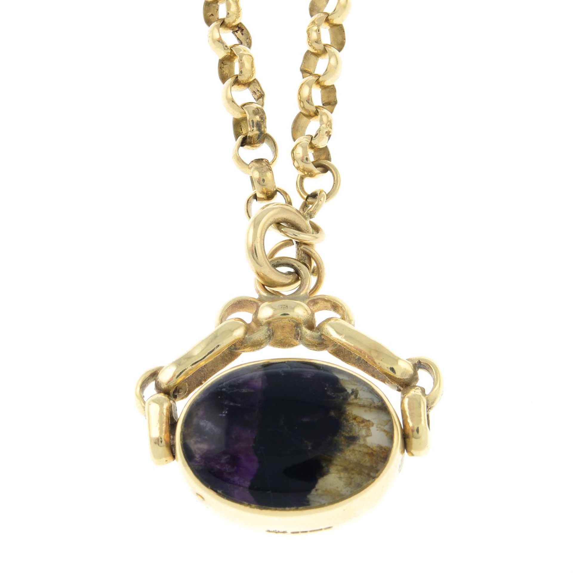 A 9ct gold fluorite swivel fob pendant, with chain.