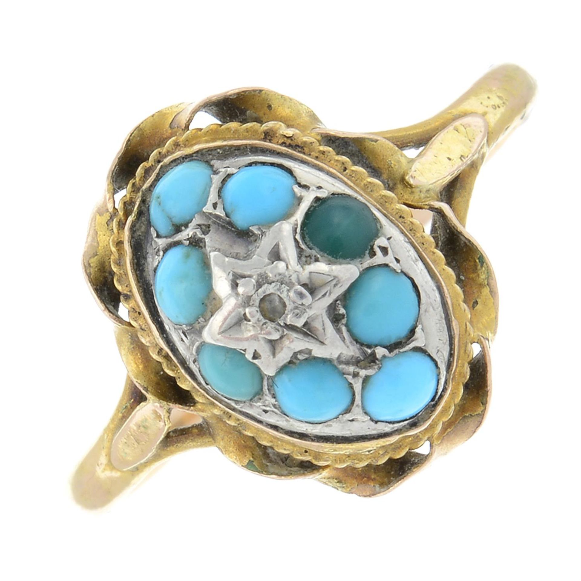 A mid 20th century gold turquoise and diamond point stylised cluster ring.