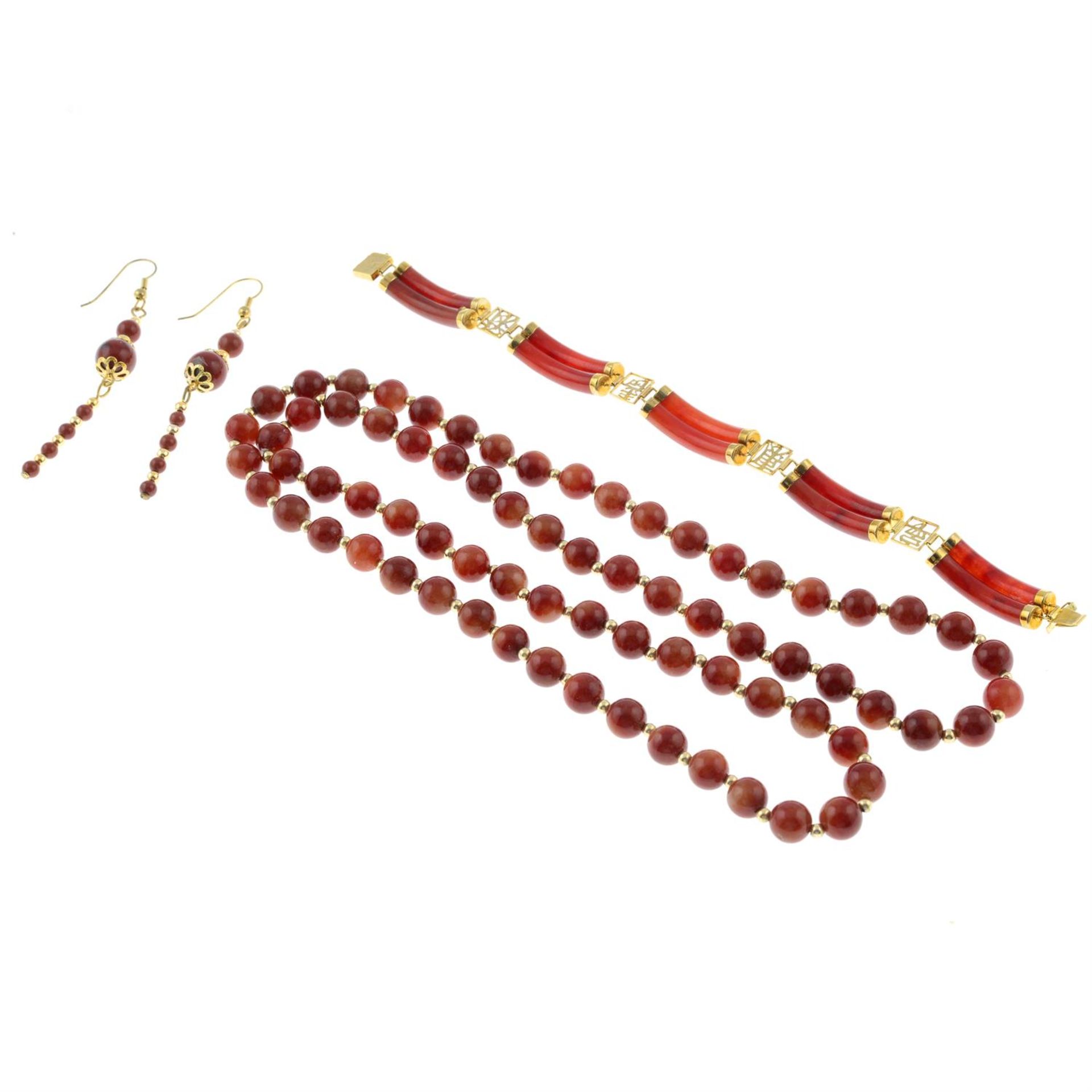 A jasper necklace, with earrings, together with a carnelian panel bracelet. - Image 2 of 2