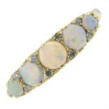 A 1980's 18ct gold opal five-stone ring, with rose-cut diamond spacers.