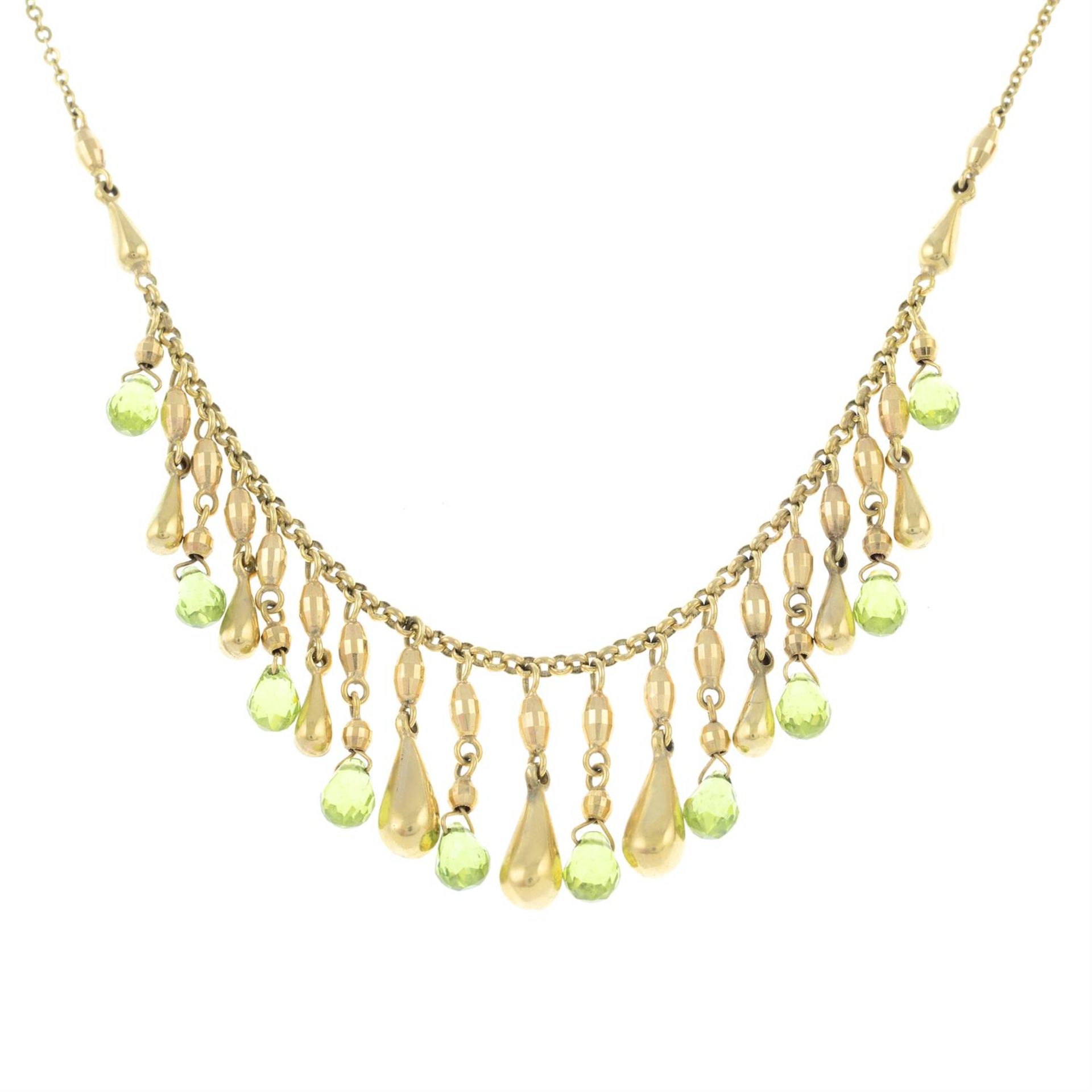 A 9ct gold green paste briolette fringe necklace.