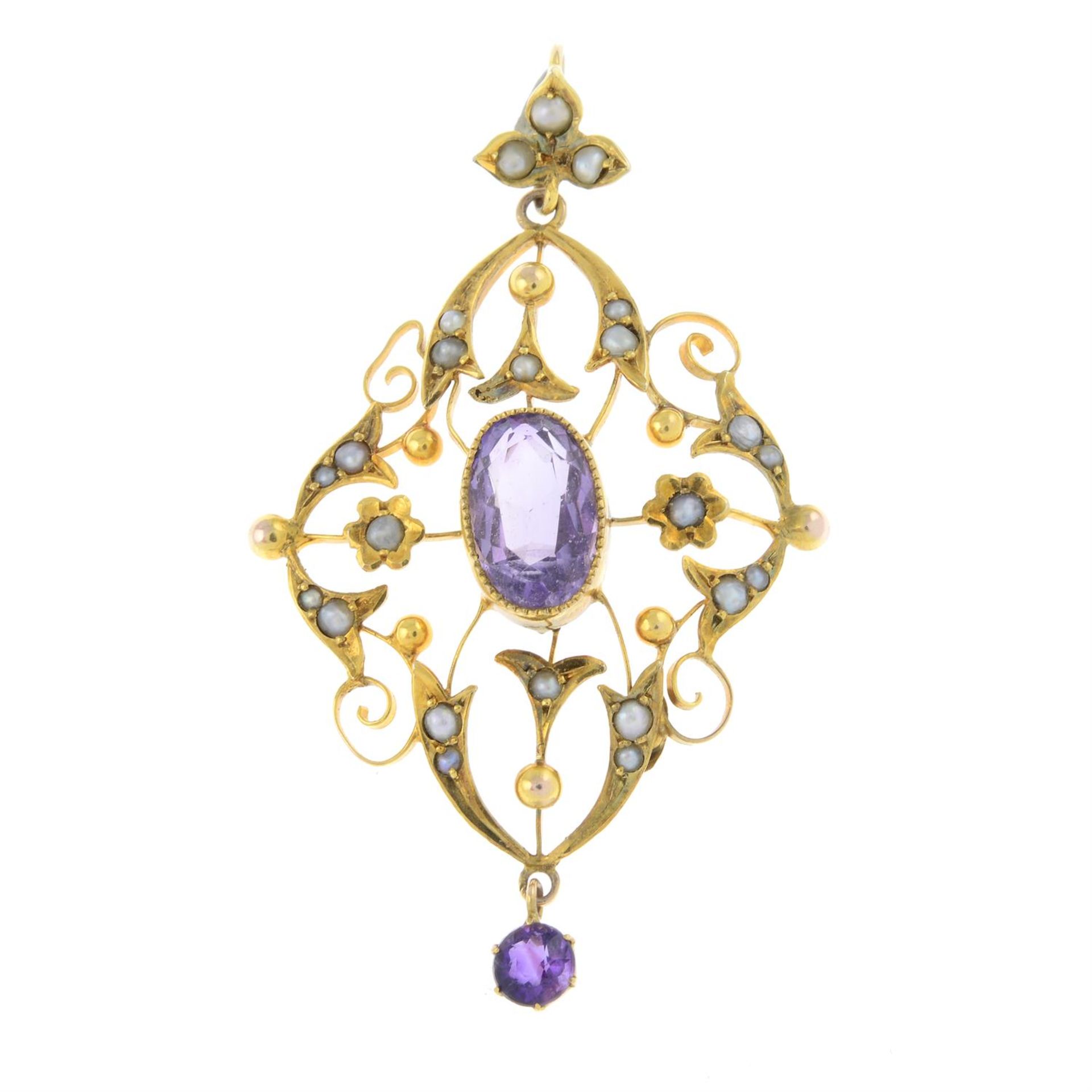 An early 20th century 9ct gold amethyst and split pearl floral pendant.