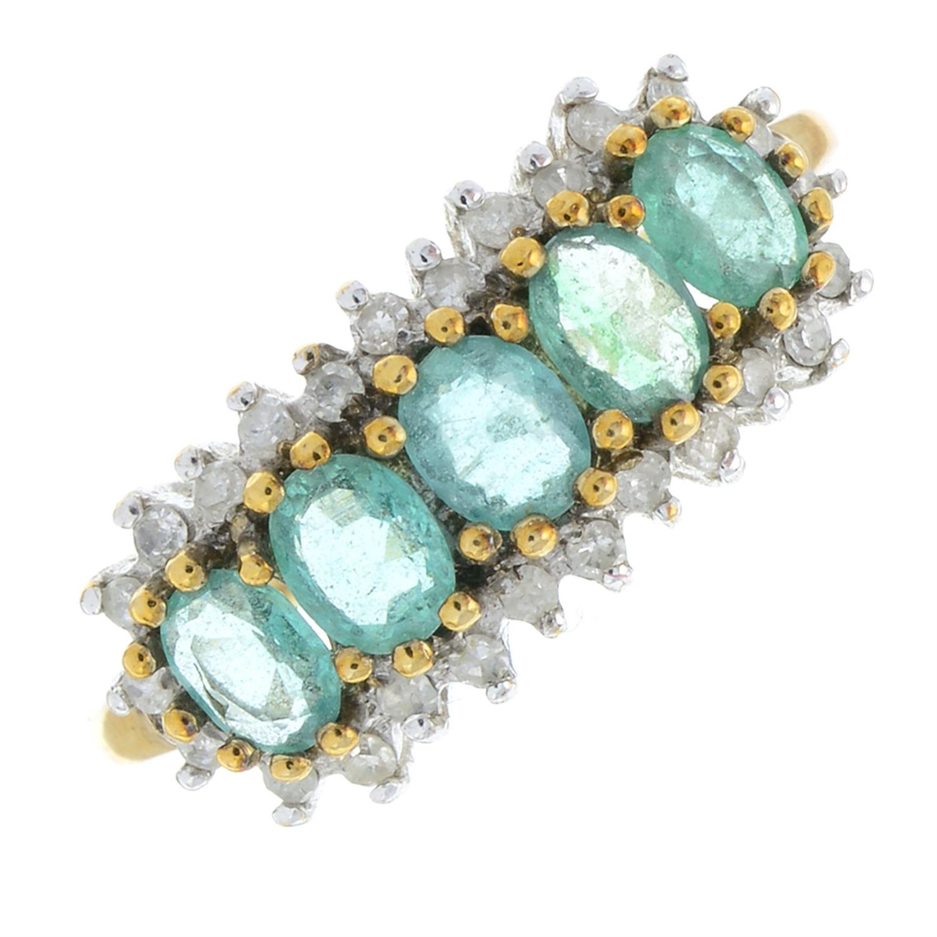 An emerald five-stone ring, with single-cut diamond surround.