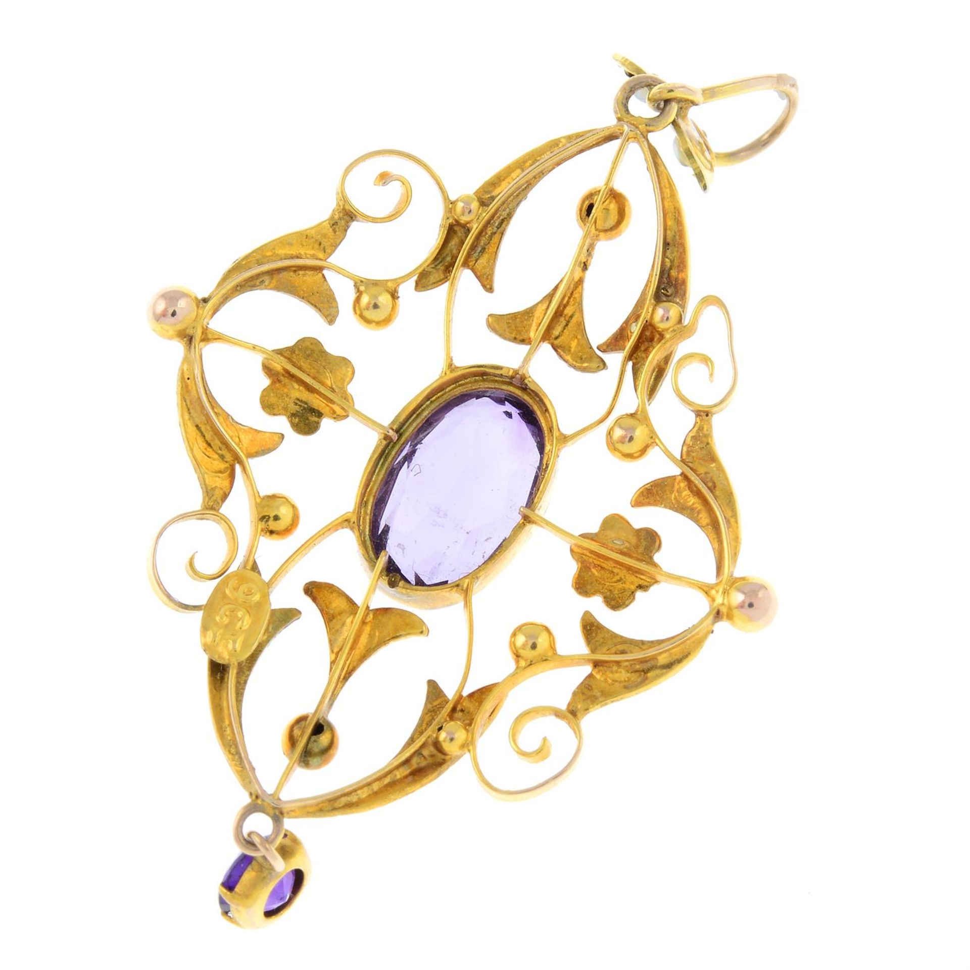 An early 20th century 9ct gold amethyst and split pearl floral pendant. - Image 2 of 2