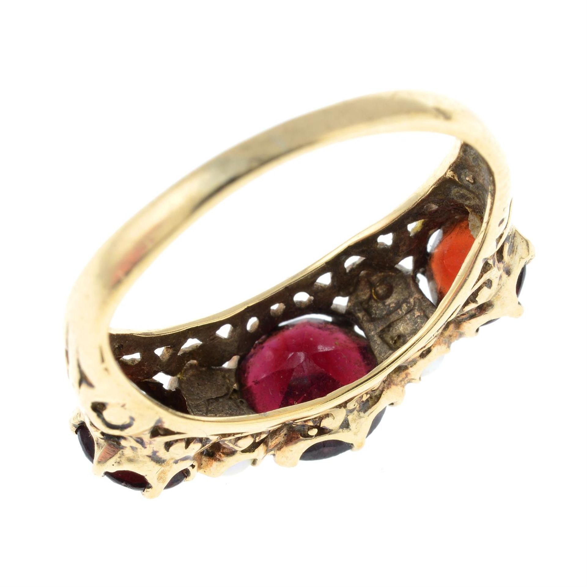 A 1960's 9ct gold garnet three-stone ring, with seed pearl spacers. - Image 2 of 2