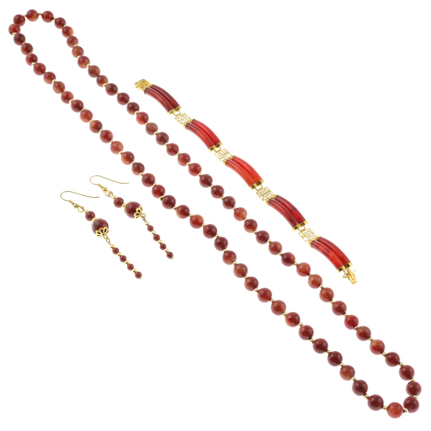 A jasper necklace, with earrings, together with a carnelian panel bracelet.