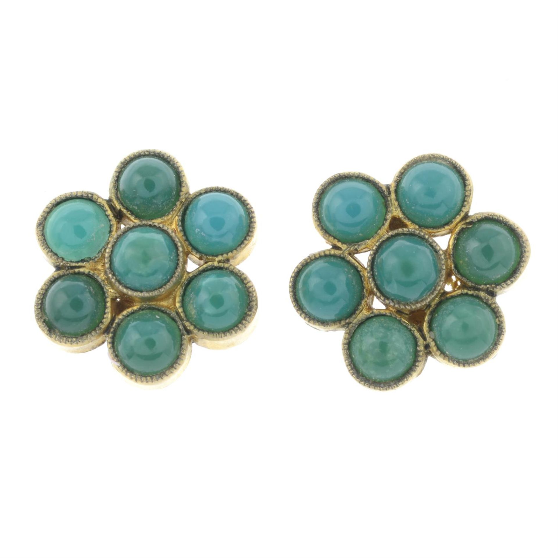 A pair of early to mid 20th century 9ct gold reconstituted turquoise floral cluster earrings.