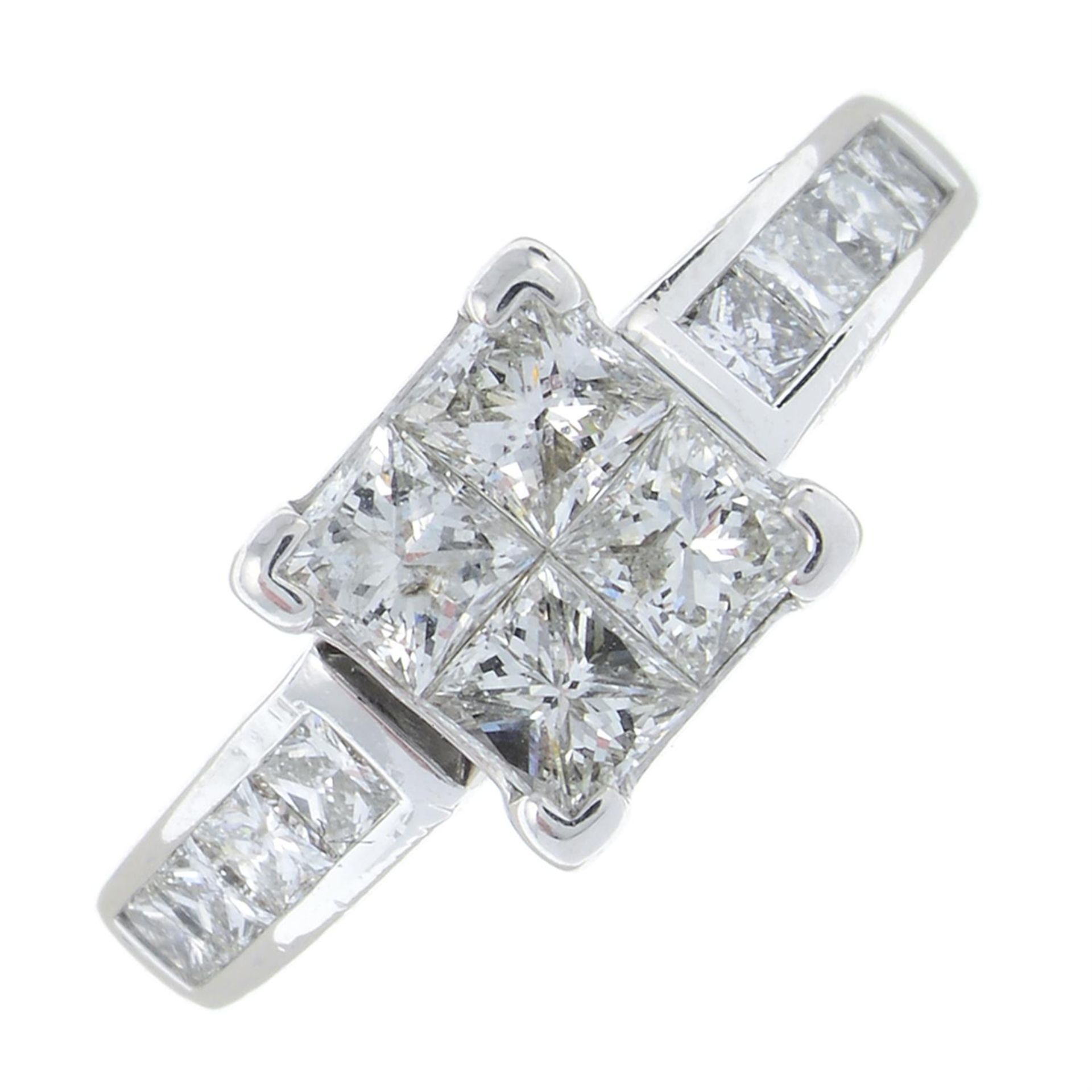 A square-shape diamond cluster ring, with diamond shoulders.