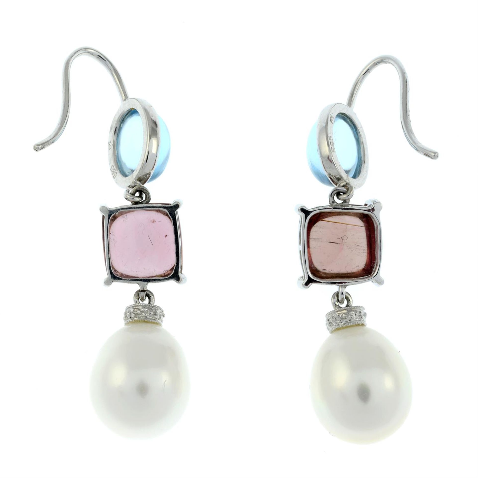 A pair of tourmaline, cultured pearl and diamond earrings. - Image 2 of 2