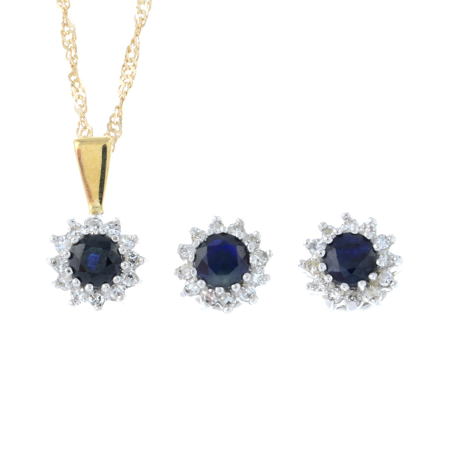 A 9ct gold sapphire and single-cut diamond cluster pendant and chain, with matching stud earrings.