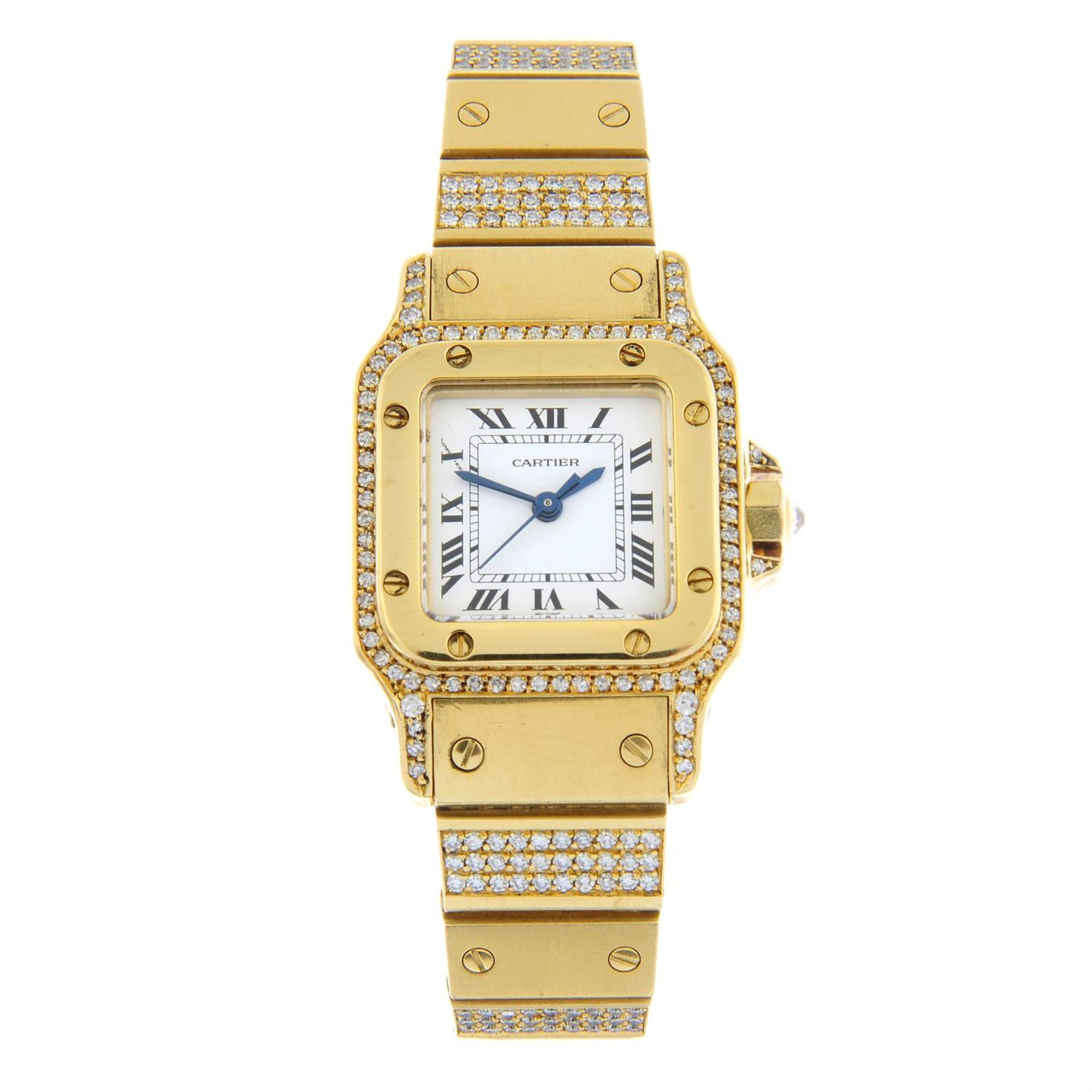 CARTIER - an 18ct gold diamond set Santos bracelet watch, 24mm.