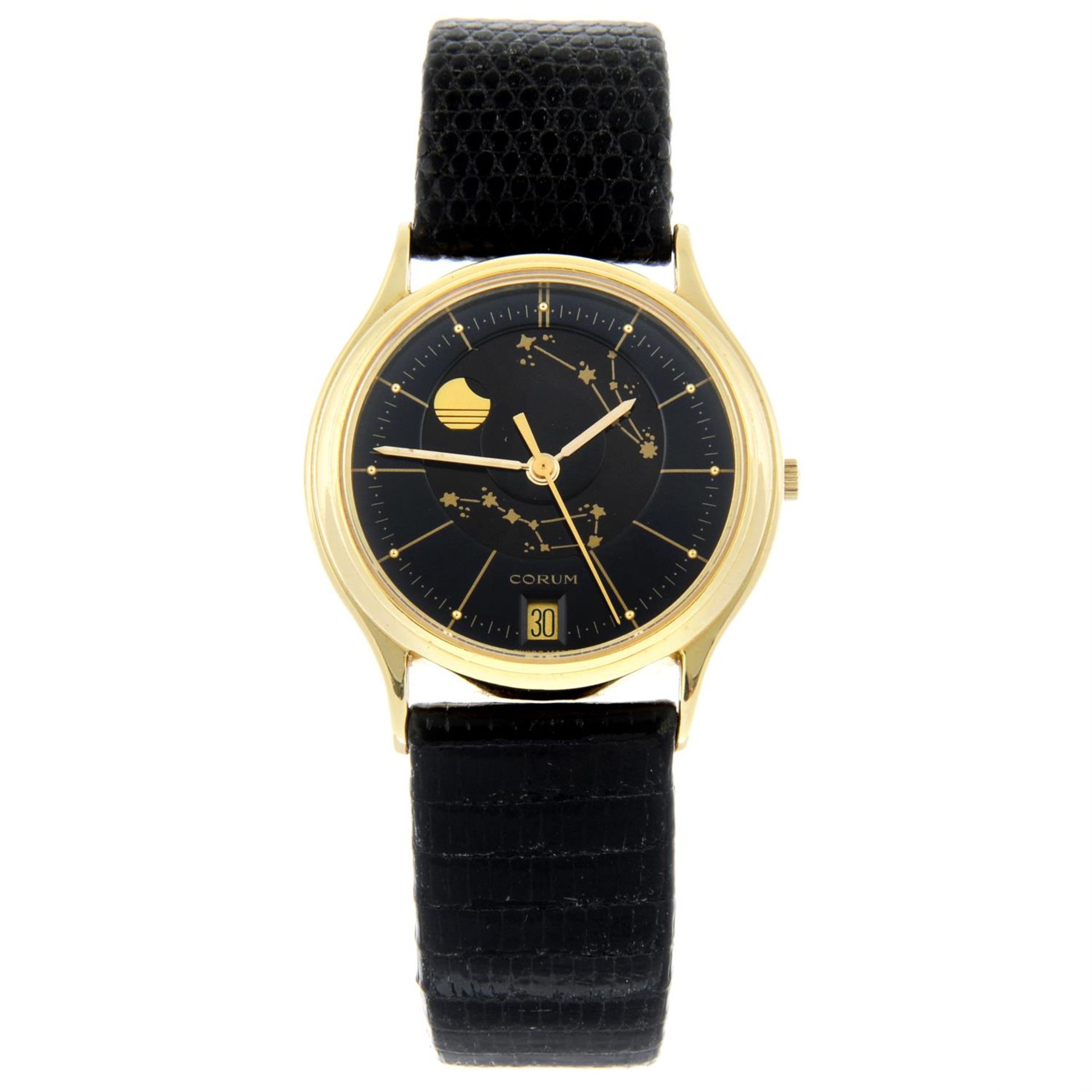 CORUM - a 18ct yellow gold Moontime wrist watch, 33mm.