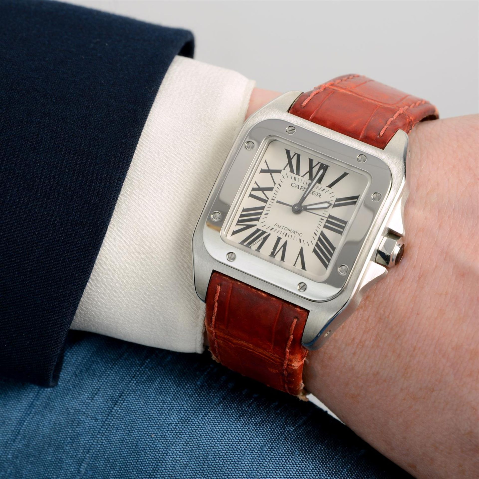 CARTIER - a stainless steel Santos 100 wrist watch, 33mm. - Bild 5 aus 5