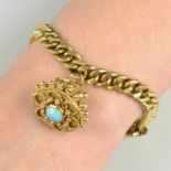 A curb-link bracelet, with turquoise cannetille charm.