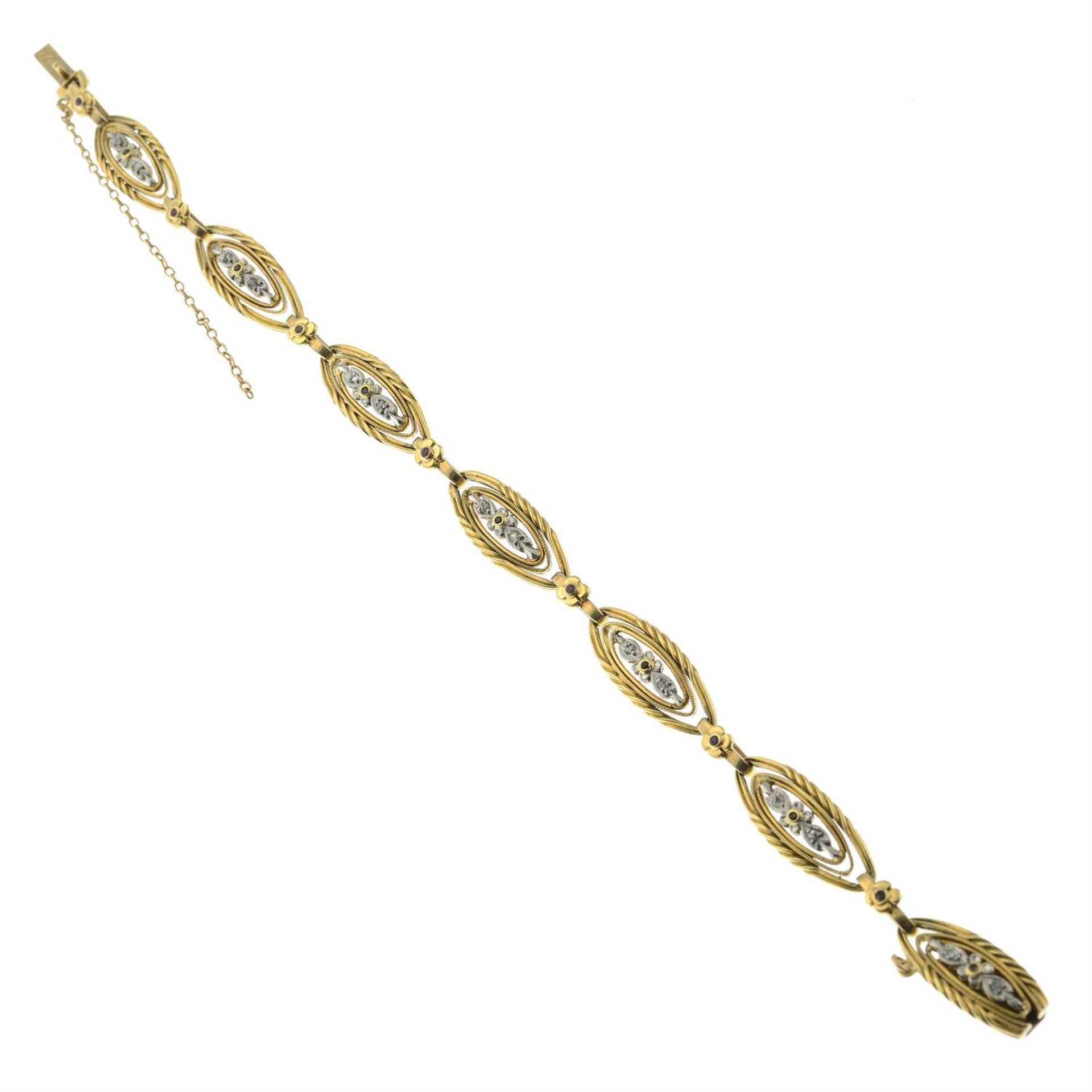 A French Art Nouveau platinum and 18ct gold, ruby and diamond point floral bracelet. - Bild 3 aus 4