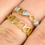 A mid 20th century 18ct gold diamond geometric openwork ring, by John Donald, together with a
