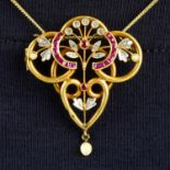 An early 20th century 18ct gold vari-cut ruby, diamond point and seed pearl pendant.