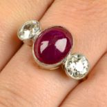 A ruby cabochon and old-cut diamond three-stone ring.