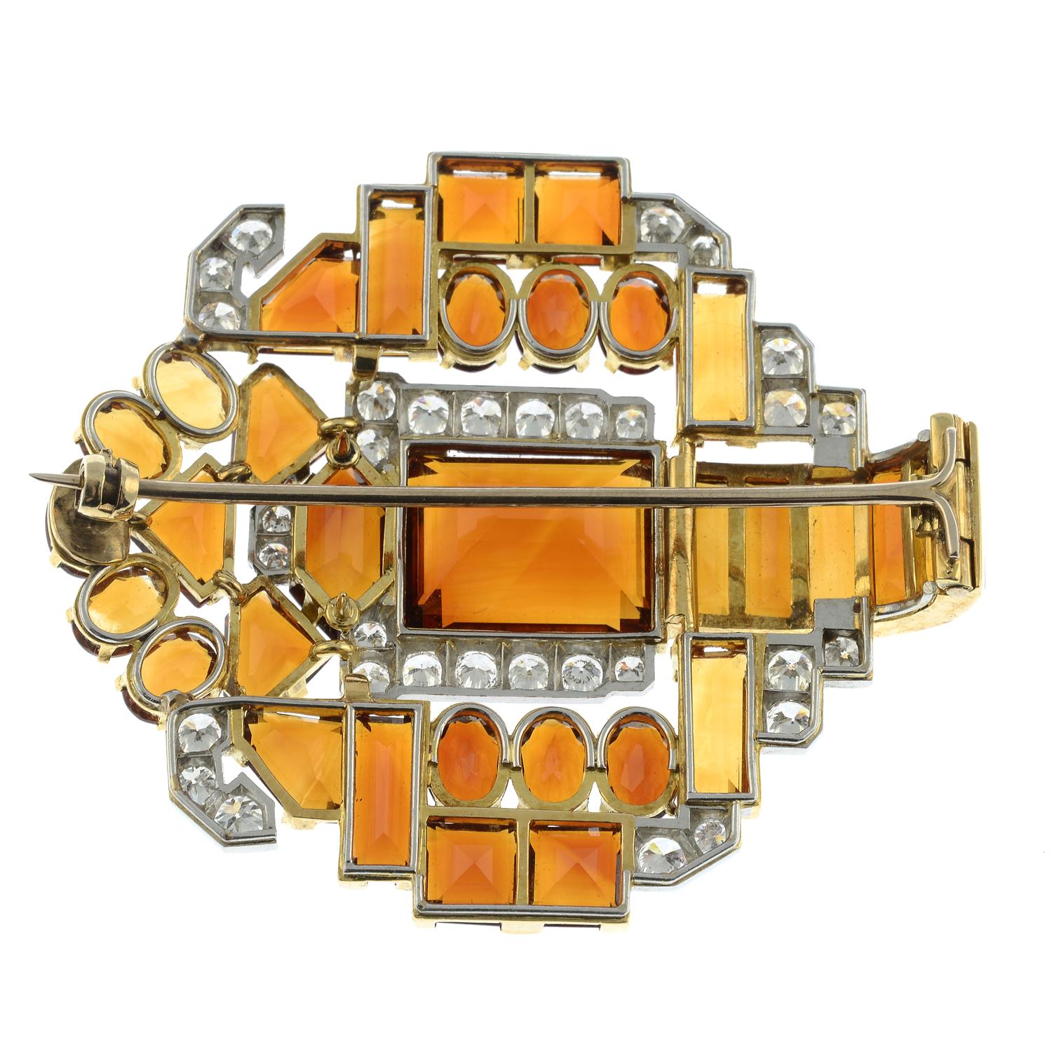 An Art Deco platinum and 18ct gold citrine and circular-cut diamond brooch, attributed to Cartier. - Image 3 of 4