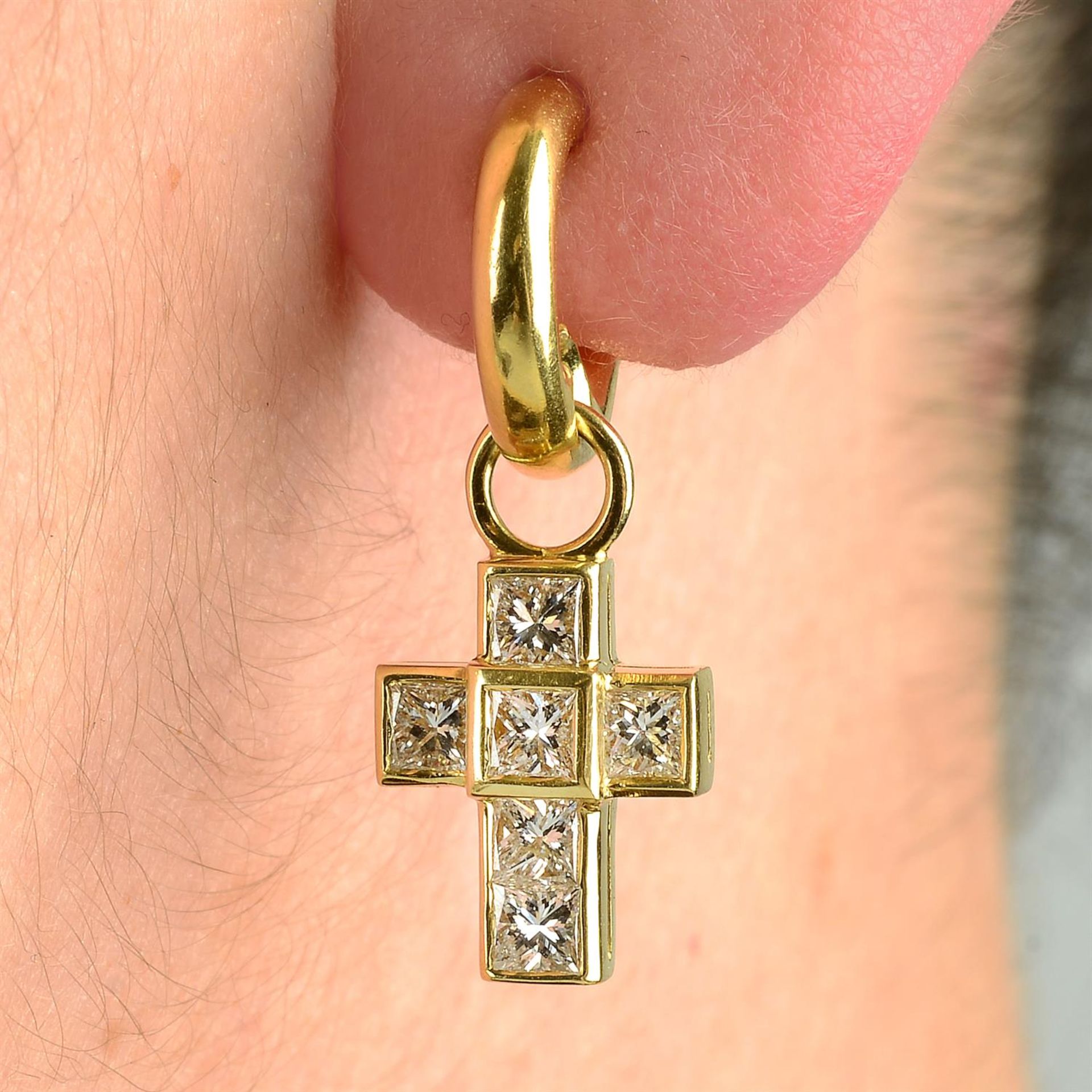 A pair of 18ct gold half hoop earrings, with square-shape diamond cross detachable drop,