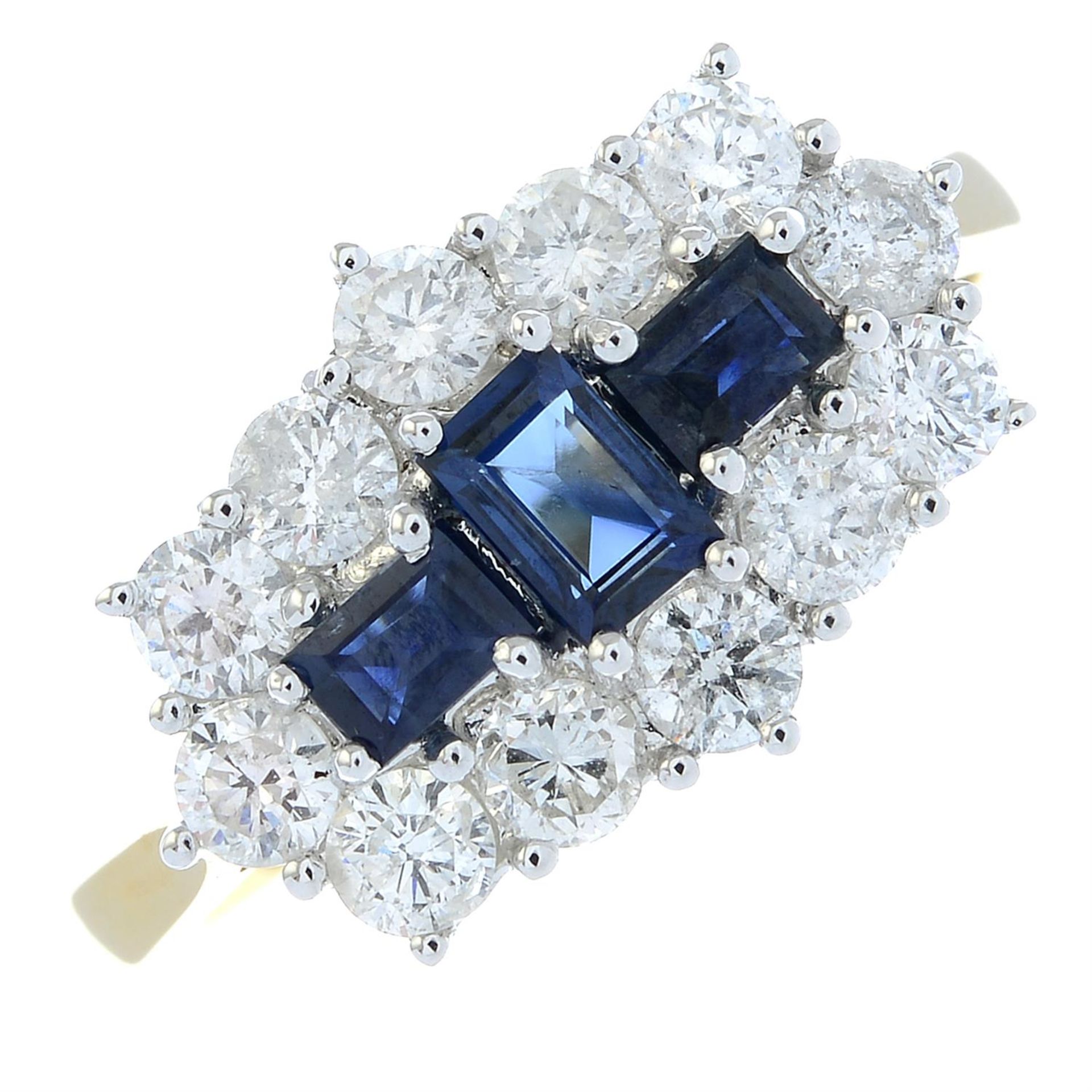 An 18ct gold sapphire three-stone and brilliant-cut diamond cluster ring. - Bild 2 aus 6