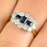 An 18ct gold sapphire three-stone and brilliant-cut diamond cluster ring.