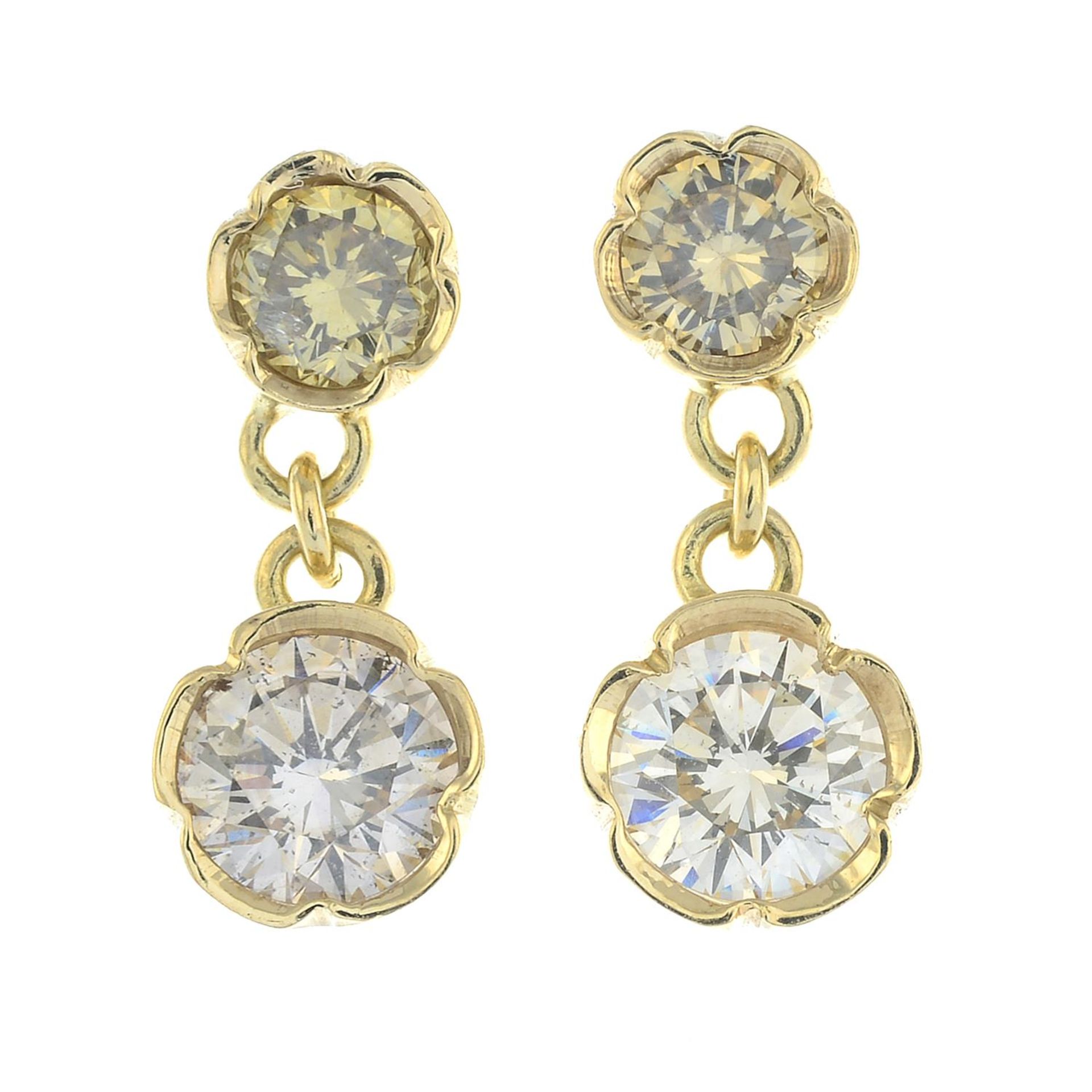 A pair of 'yellow' and 'brown' brilliant-cut diamond drop earrings. - Image 2 of 3