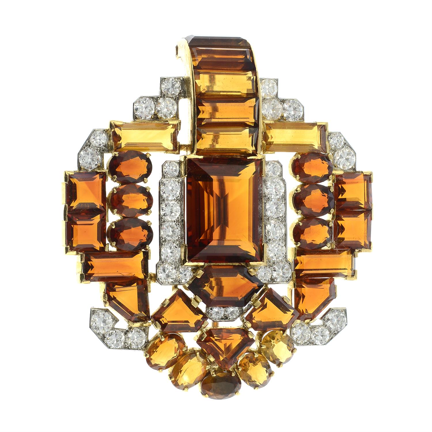 An Art Deco platinum and 18ct gold citrine and circular-cut diamond brooch, attributed to Cartier. - Image 2 of 4