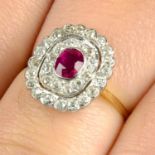 A ruby and circular-cut diamond cluster ring.