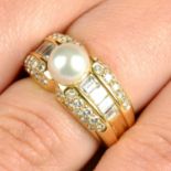 A cultured pearl, baguette and brilliant-cut diamond ring, by Cartier.