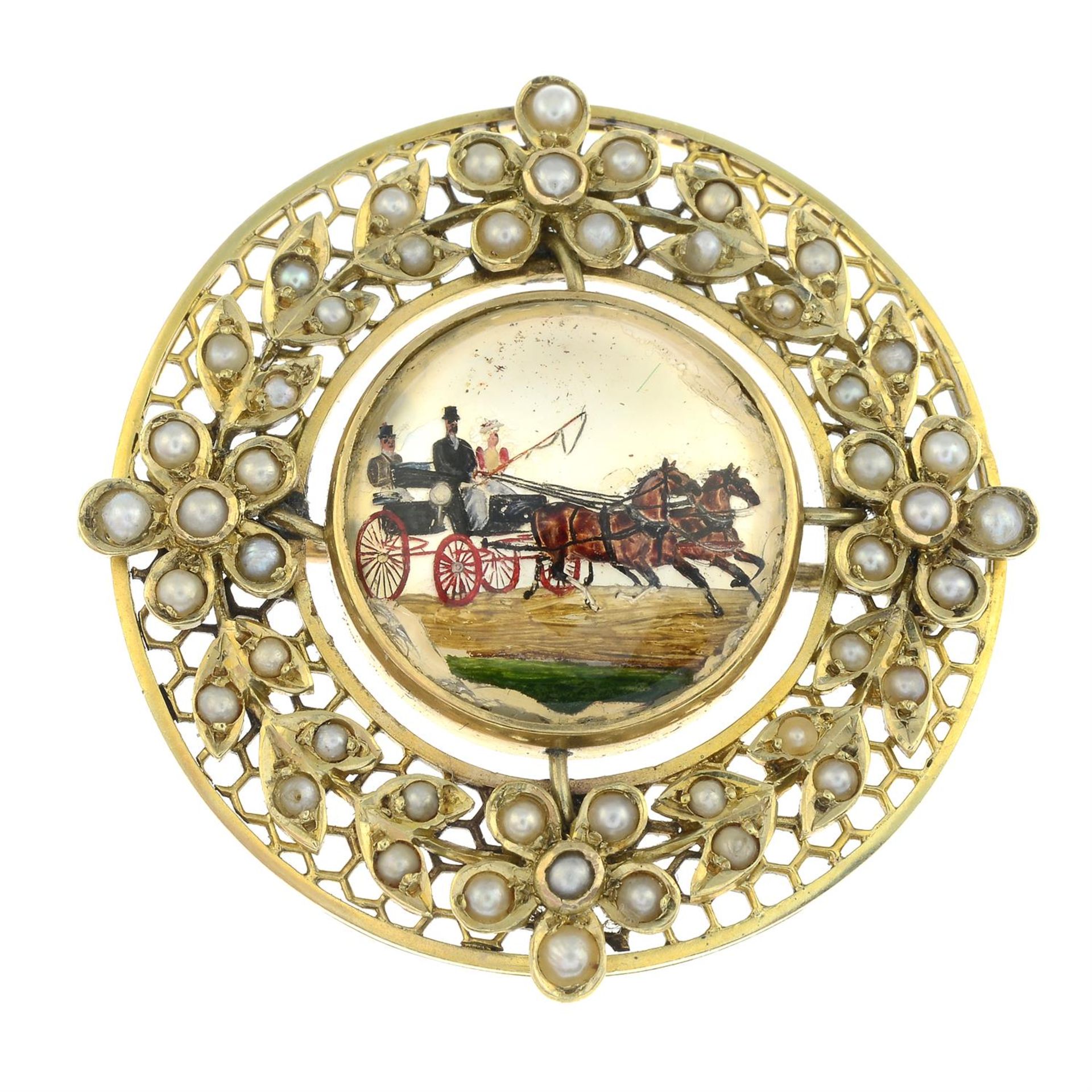 A reverse carved and painted horse and carriage brooch, with split pearl floral surround. - Bild 2 aus 4