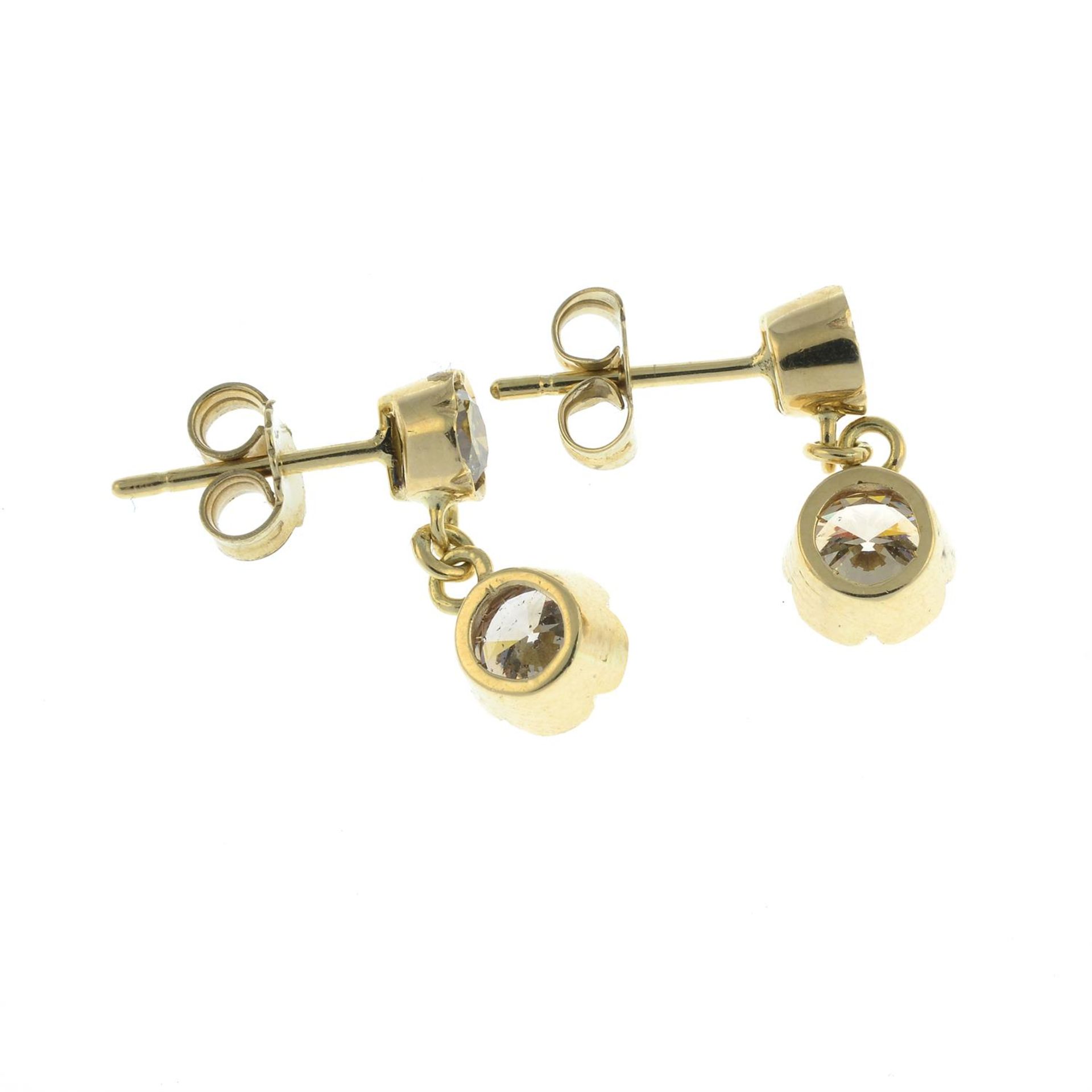 A pair of 'yellow' and 'brown' brilliant-cut diamond drop earrings. - Image 3 of 3