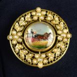 A reverse carved and painted horse and carriage brooch, with split pearl floral surround.