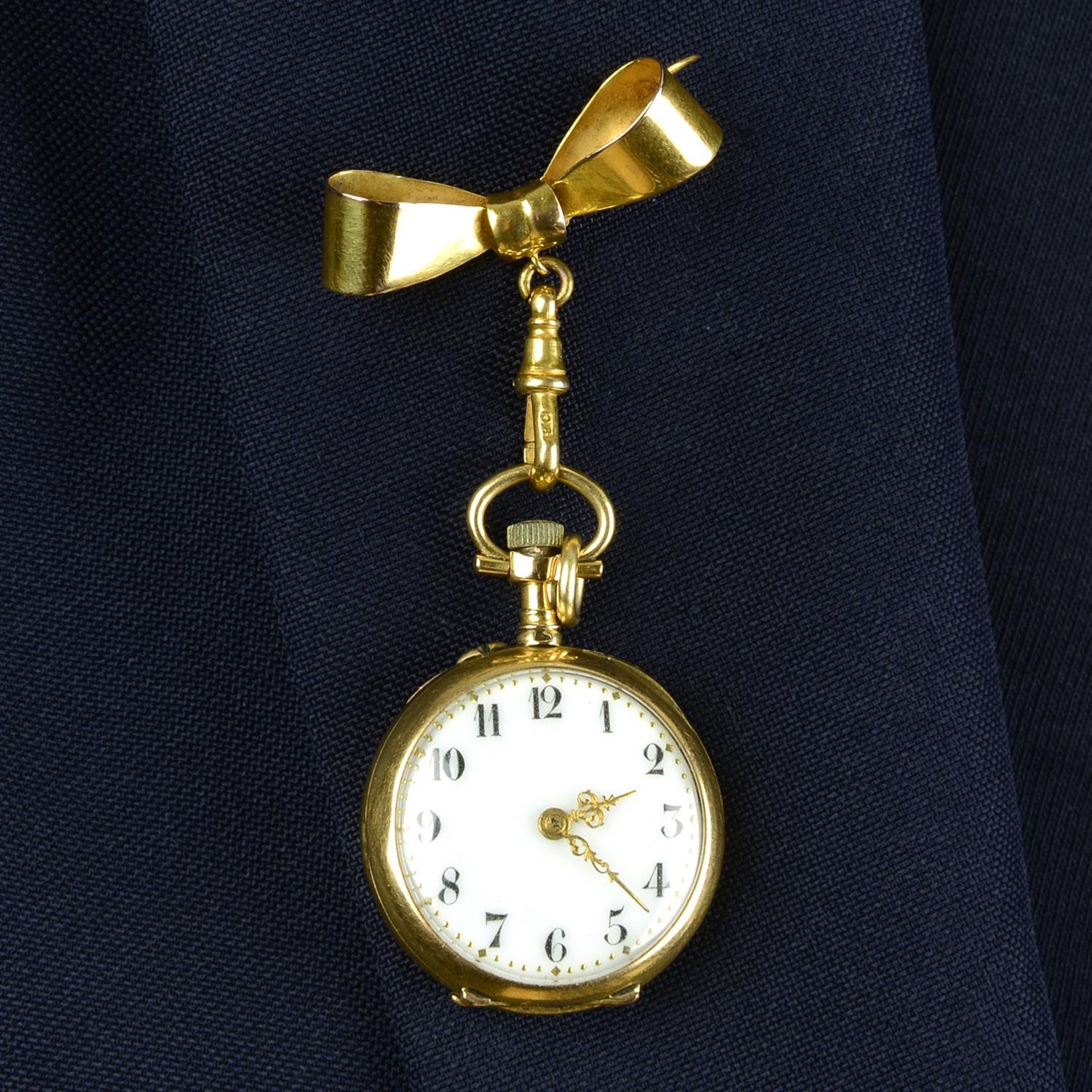 A ladies early 20th century gold fob watch, by Le Coultre and Cie, with ruby and diamond point