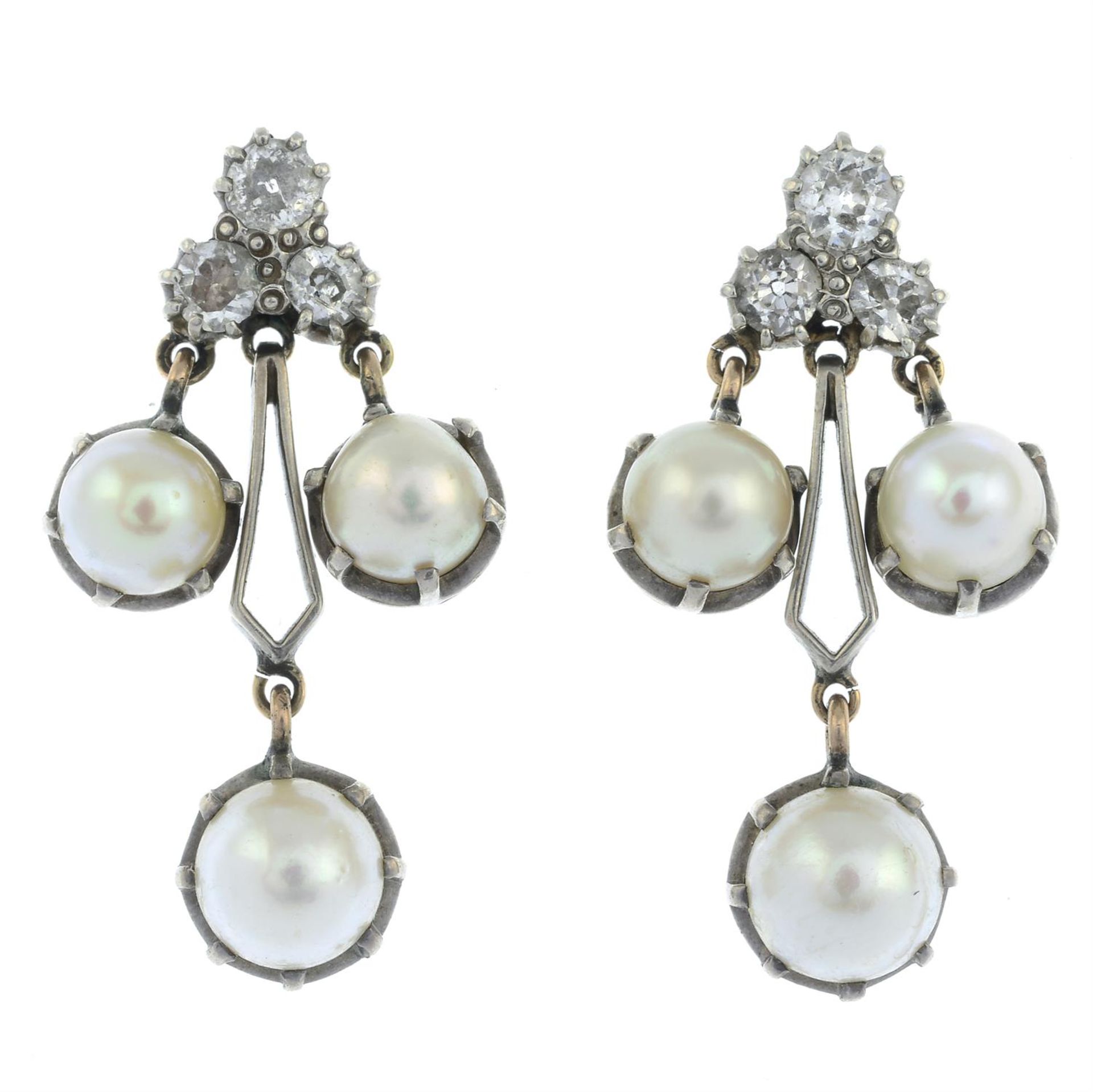 A pair of old-cut diamond and cultured pearl earrings. - Bild 2 aus 3
