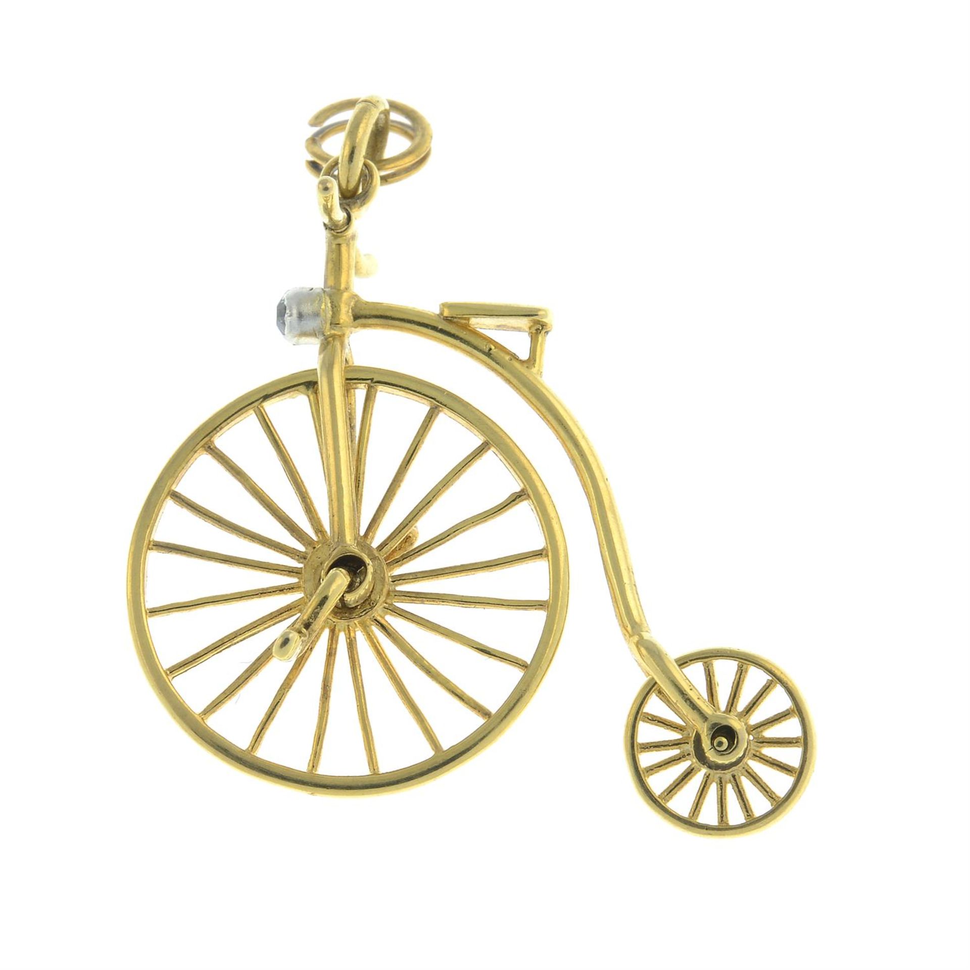 A Penny Farthing bicycle pendant, with diamond light and free moving wheels. - Image 3 of 4