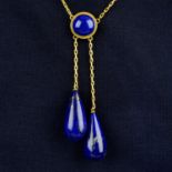 An early 20th century 18ct gold lapis lazuli negligee pendant necklace.