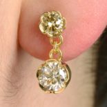 A pair of 'yellow' and 'brown' brilliant-cut diamond drop earrings.