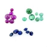 Selection of circular shape rubies, emeralds and sapphires, weighing 9.4ct