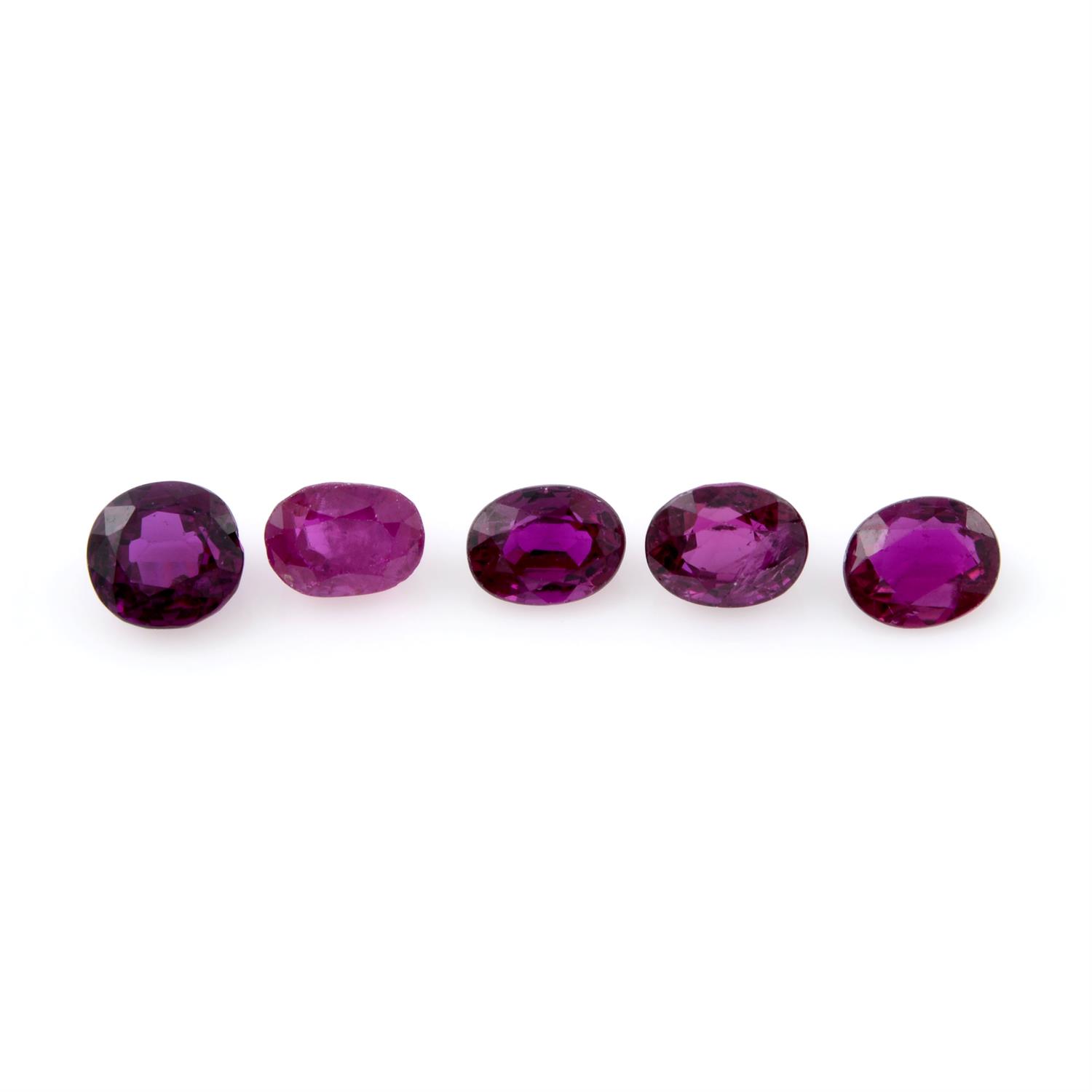 Five oval shape rubies, weighing 2.75ct