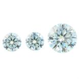 Three circular shape synthetic green moissanites, weighing 14.31ct