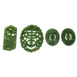 Eleven pieces of carved jade featuring chinese characters and floral subjects, weighing 66grams