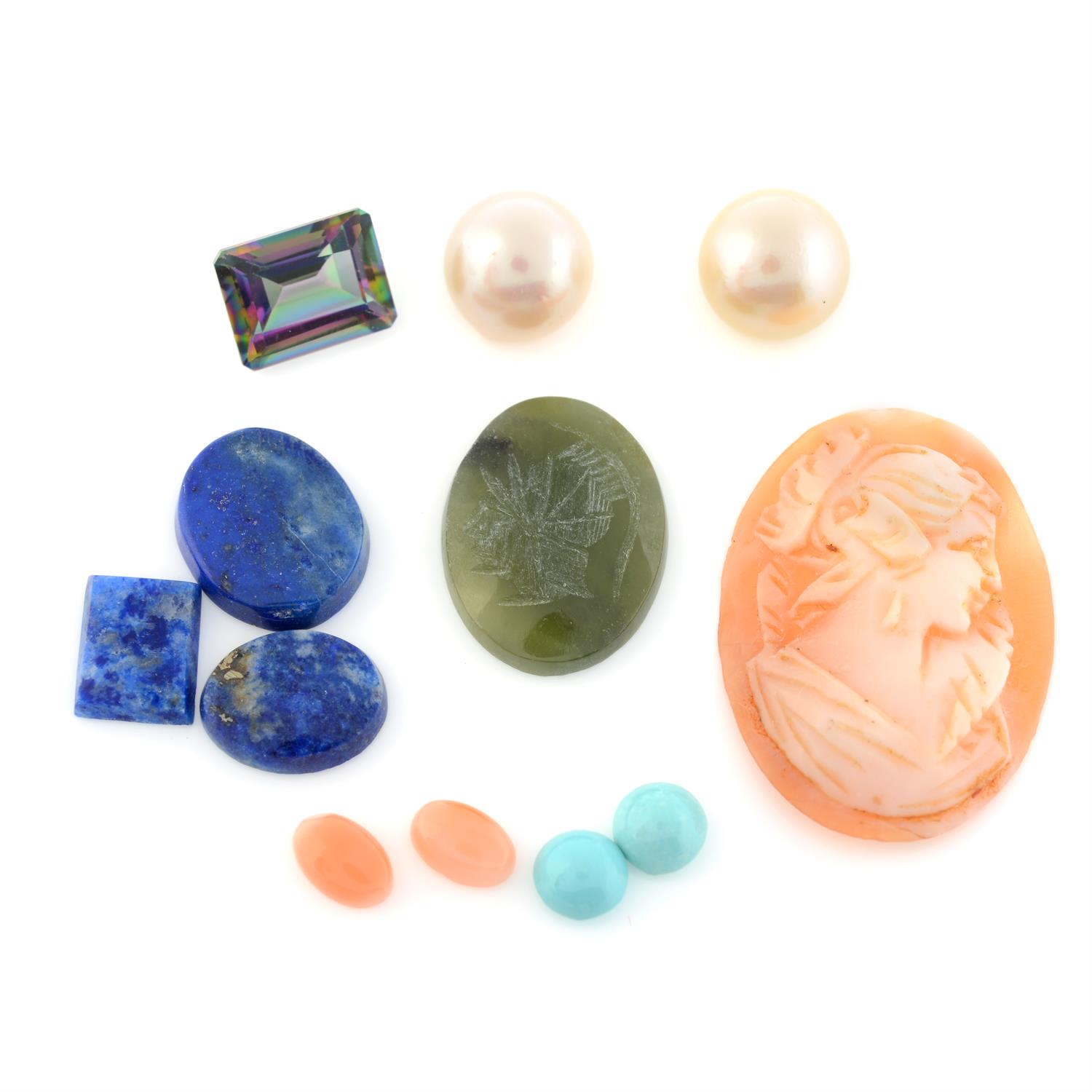 Selection of gemstones, gross weight 306.4grams. Including cultured pearls, turquoise,