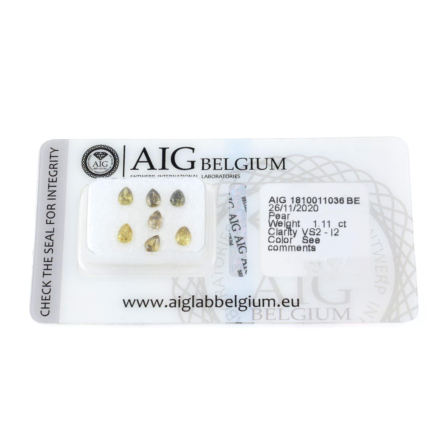 Seven pear shape fancy coloured diamonds, weighing 1.11ct. Within AIG security seal - Image 2 of 3