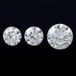 Three circular shape synthetic moissanites, weighing 11.08ct