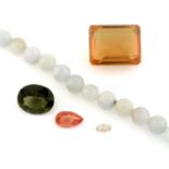 Selection of gemstones, weighing 135.84ct. To include a jadeite strand, a moldavite a feldspar and