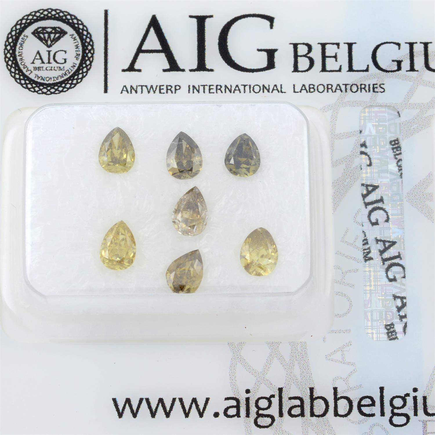 Seven pear shape fancy coloured diamonds, weighing 1.11ct. Within AIG security seal